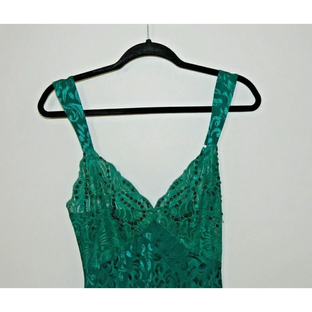 Victoria's‎ Secret Nightgown Slip Dress Medium Vintage Gold  Green Satin Beaded